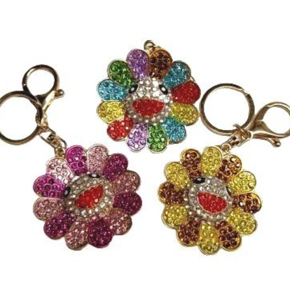 Takashi Murakami Style Rhinestone Flower Keychain/Bag Charm NWT BUNDLE OF 3